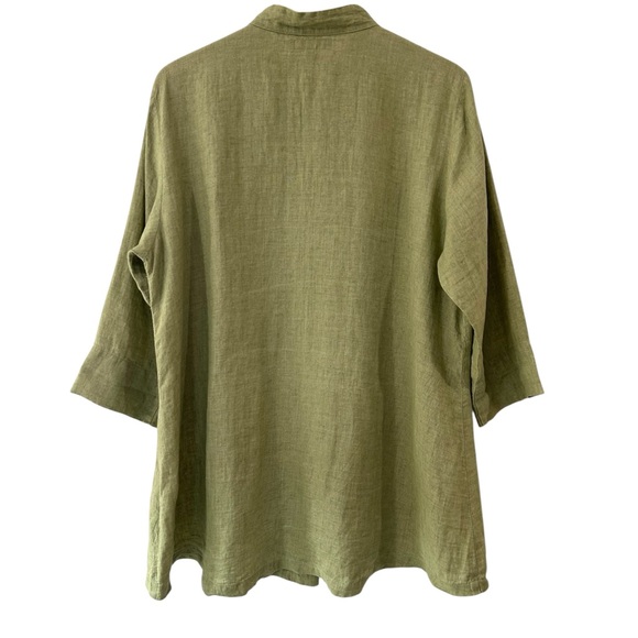 FLAX women’s linen button up tunic top M green 3/4 sleeves lagenlook - Picture 2 of 8